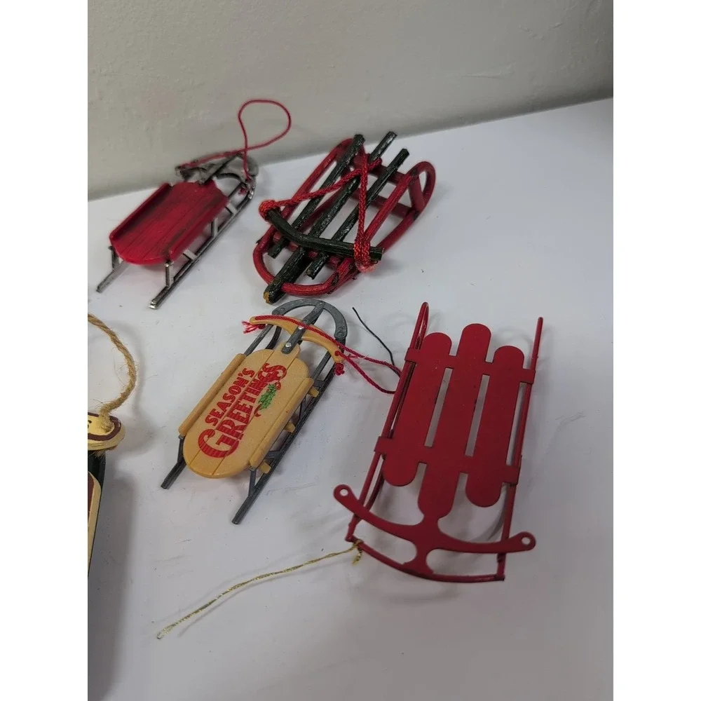 Vintage Christmas Wooden Metal Sled Tree Ornament Lot Of 6